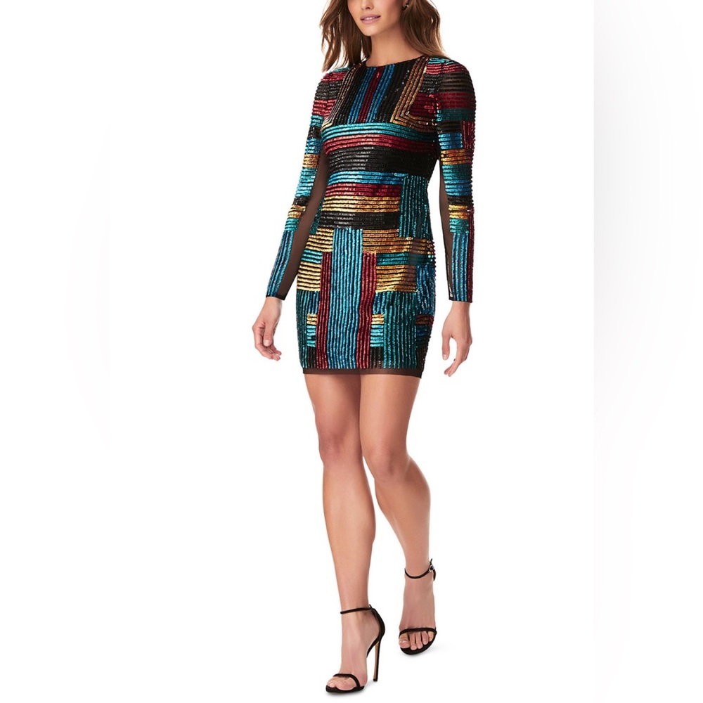 Aidan Mattox Multicolor Long-Sleeve Sequin Mini  Sheath Dress SZ 14 (Worn Once)